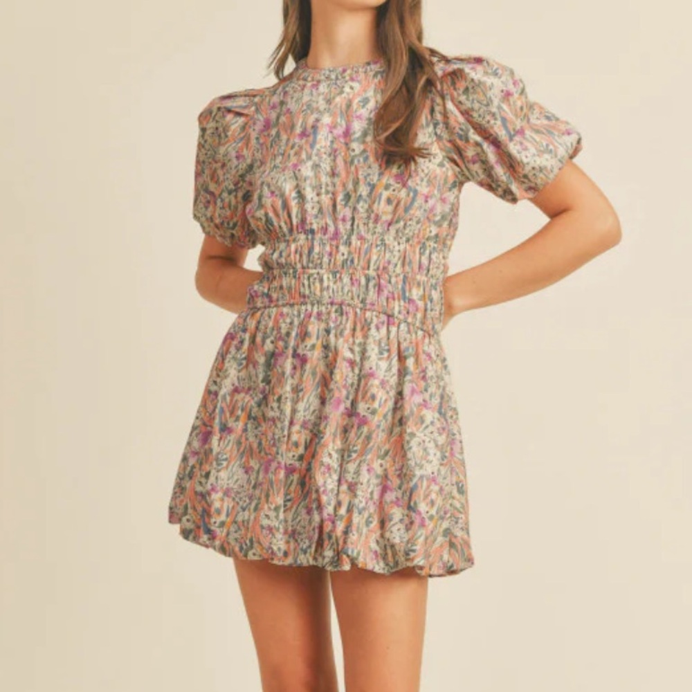 Floral Smocked Waist Puff-Sleeve Mini Dress - Pink & Cream